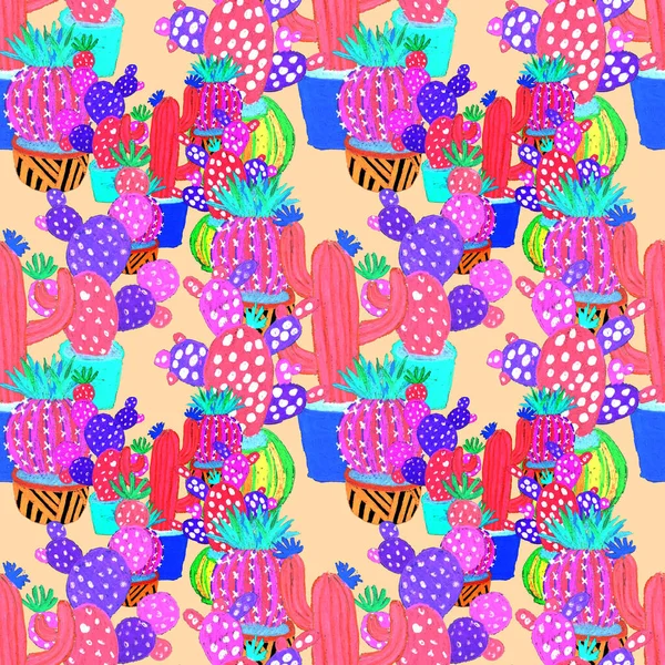 Kreatív Zökkenőmentes Minta Kézzel Húzott Kaktuszok Cserépben Fényes Botanikai Lenyomat — Stock Fotó