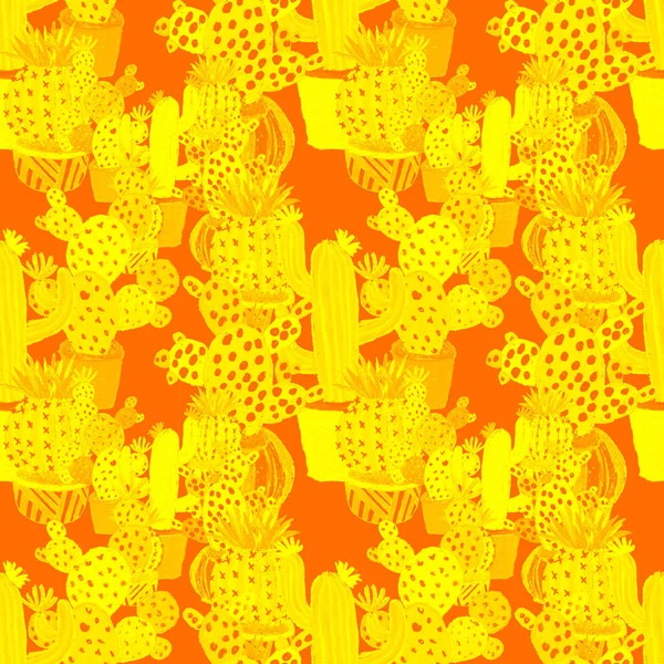 Kreatywny Bezszwowy Wzór Ręcznie Rysowanymi Kaktusami Doniczkach Jasny Odcisk Botaniczny — Zdjęcie stockowe