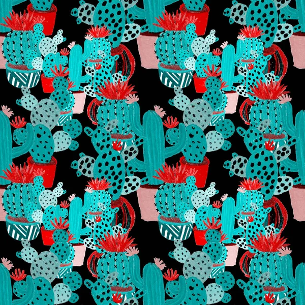 Kreatív Zökkenőmentes Minta Kézzel Húzott Kaktuszok Cserépben Fényes Botanikai Lenyomat — Stock Fotó