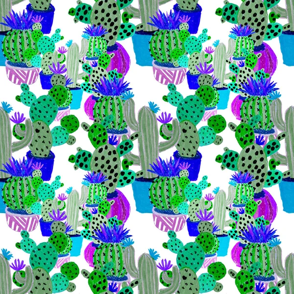 Креативный Безпечатный Узор Нарисованными Вручную Кактусами Горшках Яркий Ботанический Отпечаток — стоковое фото