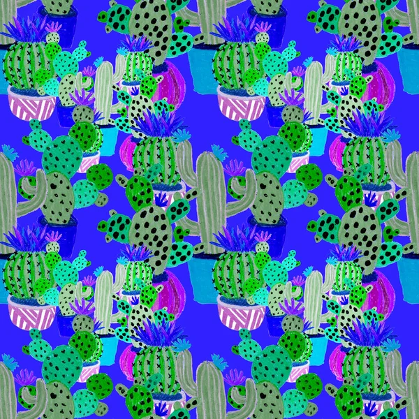 Kreativ Sömlös Mönster Med Handritade Kaktusar Krukor Ljusa Botaniska Avtryck — Stockfoto