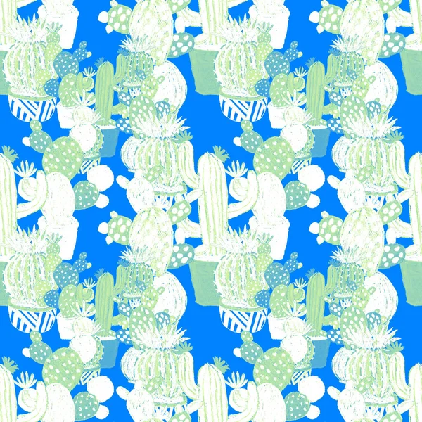 Креативний Безшовний Візерунок Намальованими Вручну Кактусами Горщиках Яскравий Ботанічний Принт — стокове фото