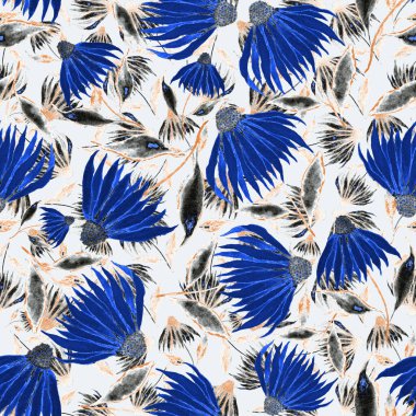 Çiçeklerle suluboya kusursuz desen. Klasik çiçek desenleri. Çiçeksiz desen. Botanik sanatı. Çiçek botanik koleksiyonu. Suluboya botanik tasarımı.