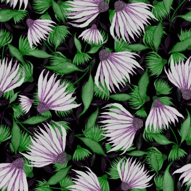 Çiçeklerle suluboya kusursuz desen. Klasik çiçek desenleri. Çiçeksiz desen. Botanik sanatı. Çiçek botanik koleksiyonu. Suluboya botanik tasarımı.