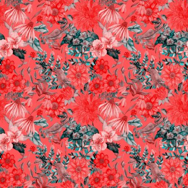 Çiçeklerle suluboya kusursuz desen. Klasik çiçek desenleri. Çiçeksiz desen. Botanik sanatı. Çiçek botanik koleksiyonu. Suluboya botanik tasarımı.