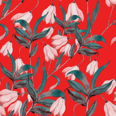 Çiçeklerle suluboya kusursuz desen. Klasik çiçek desenleri. Çiçeksiz desen. Botanik sanatı. Çiçek botanik koleksiyonu. Suluboya botanik tasarımı.