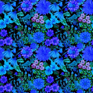 Çiçeklerle suluboya kusursuz desen. Klasik çiçek desenleri. Çiçeksiz desen. Botanik sanatı. Çiçek botanik koleksiyonu. Suluboya botanik tasarımı.