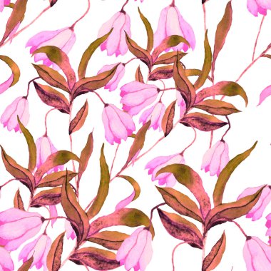 Çiçeklerle suluboya kusursuz desen. Klasik çiçek desenleri. Çiçeksiz desen. Botanik sanatı. Çiçek botanik koleksiyonu. Suluboya botanik tasarımı.