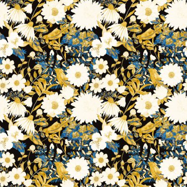 Çiçeklerle suluboya kusursuz desen. Klasik çiçek desenleri. Çiçeksiz desen. Botanik sanatı. Çiçek botanik koleksiyonu. Suluboya botanik tasarımı.