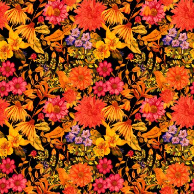 Çiçeklerle suluboya kusursuz desen. Klasik çiçek desenleri. Çiçeksiz desen. Botanik sanatı. Çiçek botanik koleksiyonu. Suluboya botanik tasarımı.