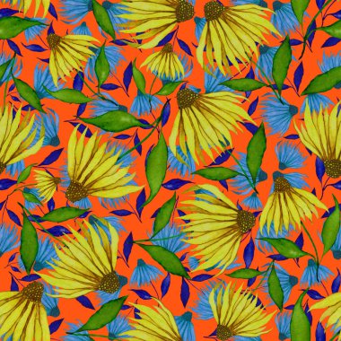 Çiçeklerle suluboya kusursuz desen. Klasik çiçek desenleri. Çiçeksiz desen. Botanik sanatı. Çiçek botanik koleksiyonu. Suluboya botanik tasarımı.