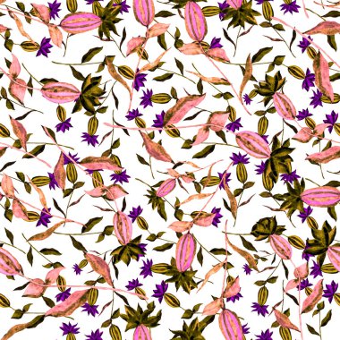 Çiçeklerle suluboya kusursuz desen. Klasik çiçek desenleri. Çiçeksiz desen. Botanik sanatı. Çiçek botanik koleksiyonu. Suluboya botanik tasarımı.