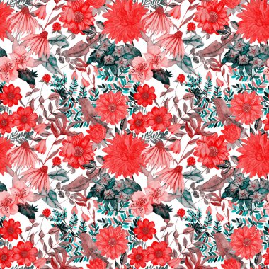 Çiçeklerle suluboya kusursuz desen. Klasik çiçek desenleri. Çiçeksiz desen. Botanik sanatı. Çiçek botanik koleksiyonu. Suluboya botanik tasarımı.