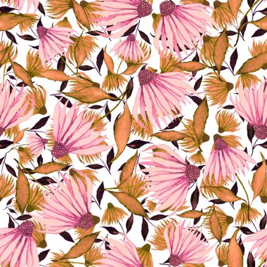 Çiçeklerle suluboya kusursuz desen. Klasik çiçek desenleri. Çiçeksiz desen. Botanik sanatı. Çiçek botanik koleksiyonu. Suluboya botanik tasarımı.