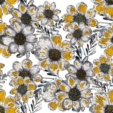 Çiçeklerle suluboya kusursuz desen. Klasik çiçek desenleri. Çiçeksiz desen. Botanik sanatı. Çiçek botanik koleksiyonu. Suluboya botanik tasarımı.