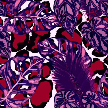 Hayvani dokuda tropik, pürüzsüz bir desen. Orman egzotik yaz baskısı. Yaz tropik yaprakları. Tropik çiçek deseni. Çiçekli tropik illüstrasyon. Vektörsüz desen.