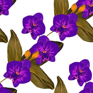 Tropik yapraklar ve çiçeklerle suluboya kusursuz desen. Elle çizilmiş egzotik bitkilerle çok güzel bir iz. Mayo botanik tasarımı. Vektör. Antika egzotik baskı.