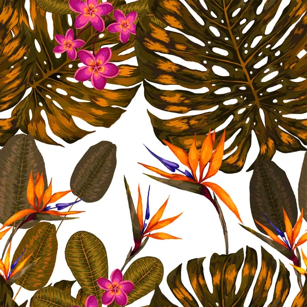 Aquarelle Motif Sans Couture Avec Des Feuilles Tropicales Des Fleurs — Image vectorielle