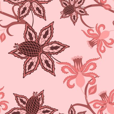 Doğulu dürtüler. Güzel etnik çiçekler ve desenli kusursuz bir desen. Çiçek süsleme. Geleneksel şal deseni. Tekstil tasarım dokusu. Kabilesel etnik klasik dikişsiz model..