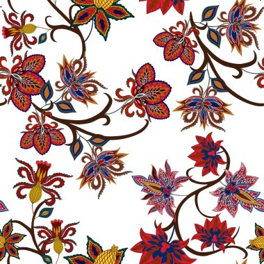 Doğulu dürtüler. Güzel etnik çiçekler ve desenli kusursuz bir desen. Çiçek süsleme. Geleneksel şal deseni. Tekstil tasarım dokusu. Kabilesel etnik klasik dikişsiz model..