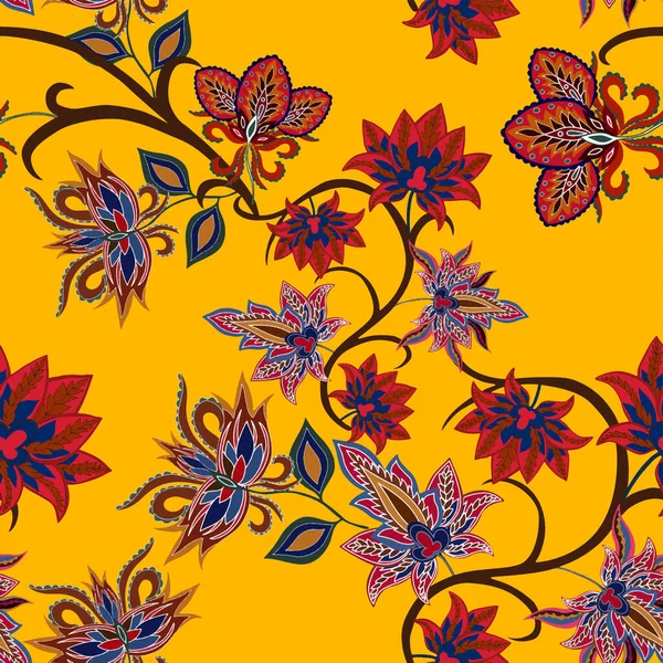 Doğulu dürtüler. Güzel etnik çiçekler ve desenli kusursuz bir desen. Çiçek süsleme. Geleneksel şal deseni. Tekstil tasarım dokusu. Kabilesel etnik klasik dikişsiz model..
