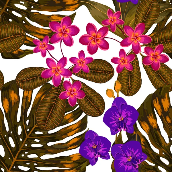 Aquarell Nahtloses Muster Mit Tropischen Blättern Und Blüten Schöner Allover — Stockvektor