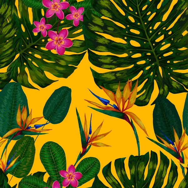 Padrão Sem Costura Aquarela Com Folhas Flores Tropicais Bela Impressão —  Vetores de Stock