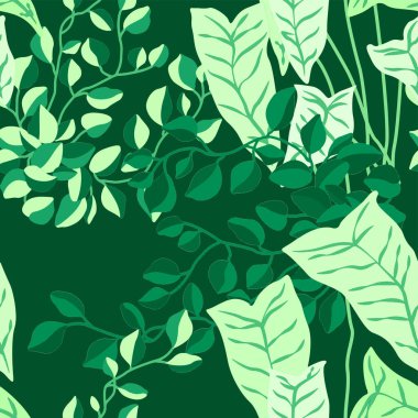 Çizgi film ormanı ile yaratıcı kusursuz desen. Tropikal yapraklı parlak yaz baskısı. Tropikal desen. Orman egzotik yaz baskısı. 