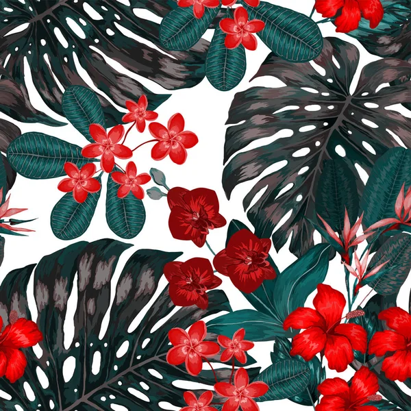 Υδατογραφία Αδιάλειπτη Μοτίβο Τροπικά Φύλλα Και Λουλούδια Όμορφο Allover Print — Διανυσματικό Αρχείο