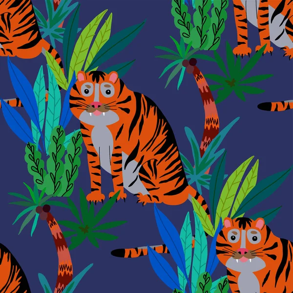 Kreative Nahtlose Muster Mit Tiger Tropischen Wald Heller Sommerdruck Für — Stockvektor