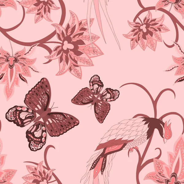 東洋の動機 美しい民族の花 鳥や蝶とシームレスなパターン 花飾り 伝統的なペイズリー模様 テキスタイルデザインのテクスチャ 部族の民族ヴィンテージシームレスパターン — ストックベクタ