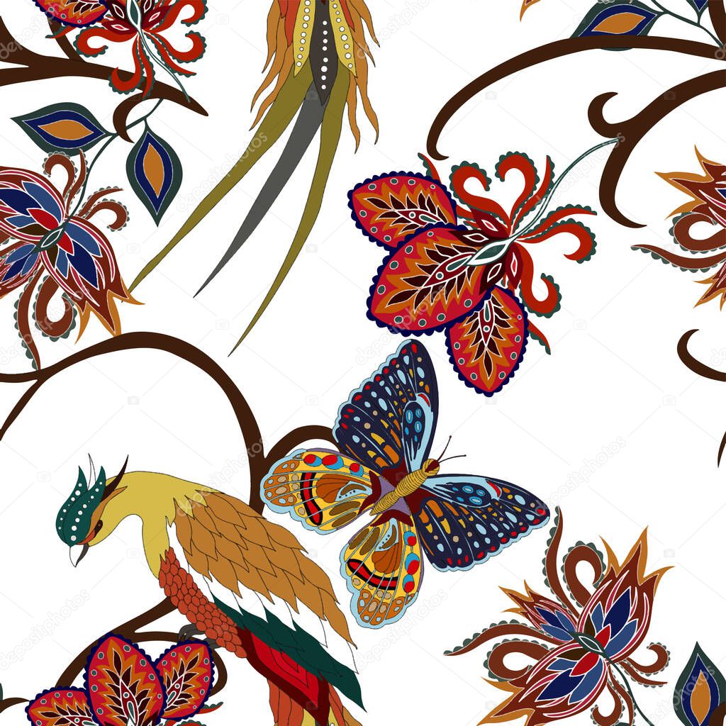 Oriental motives. Seamless pattern with beautiful ethnic flowers, bird and butterly. Floral decoration. Traditional paisley pattern. Textile design texture.Tribal ethnic vintage seamless pattern.