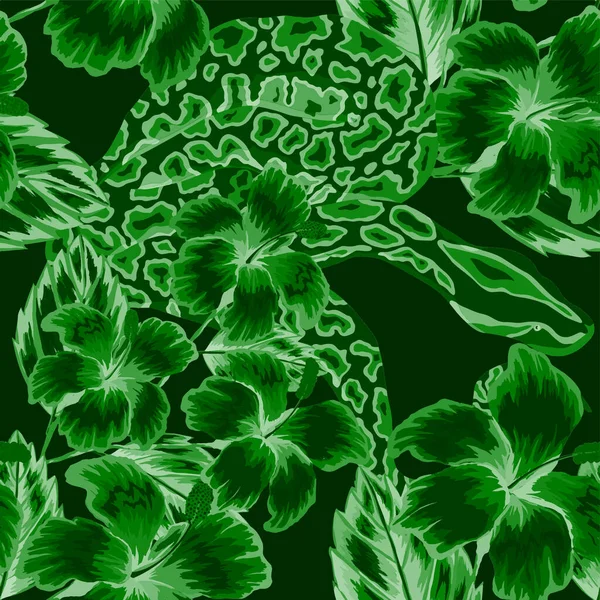 パイソンと熱帯の葉で美しいシームレスなパターン 手描きのエキゾチックな植物やヘビと美しいアロバープリント 水着植物デザイン ベクトル — ストックベクタ