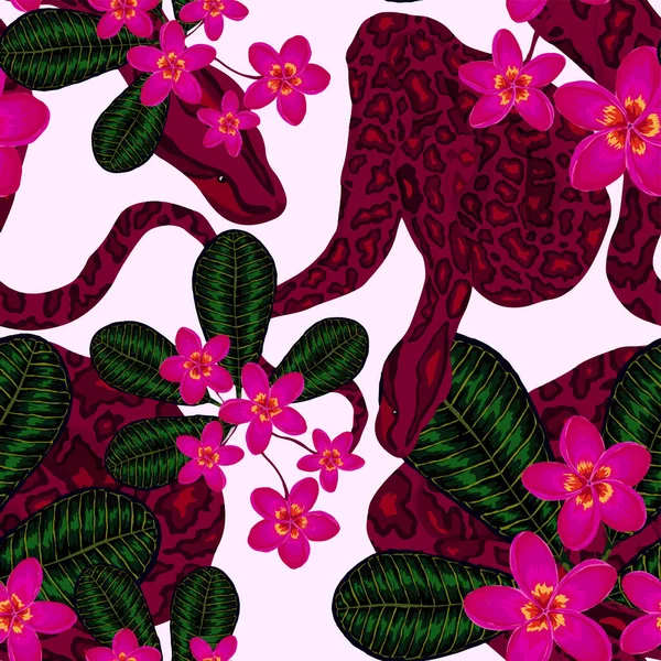 Gyönyörű Zökkenőmentes Minta Pitonnal Trópusi Levelekkel Gyönyörű Allover Print Kézzel — Stock Vector