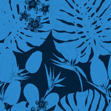 Tropik yapraklar ve çiçeklerle suluboya kusursuz desen. Elle çizilmiş egzotik bitkilerle çok güzel bir iz. Mayo botanik tasarımı. Vektör. Antika egzotik baskı.