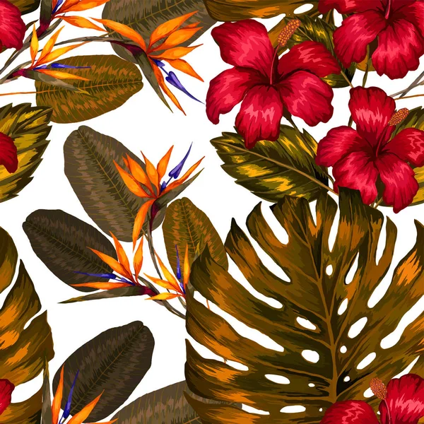 Aquarelle Motif Sans Couture Avec Des Feuilles Tropicales Des Fleurs — Image vectorielle