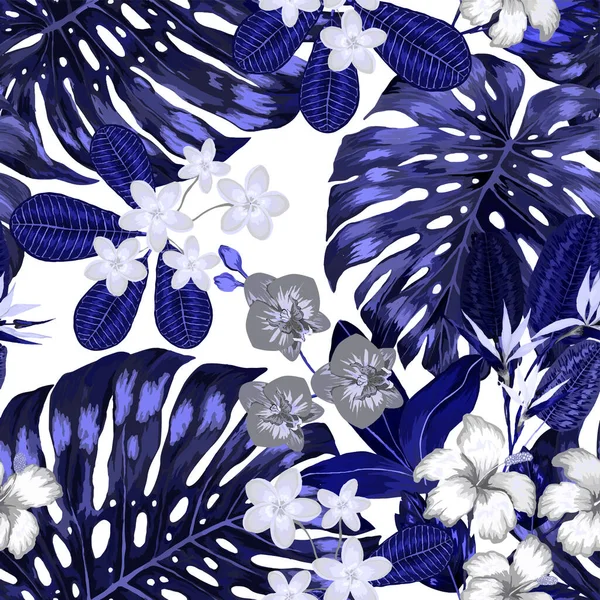 Akvarell Sömlöst Mönster Med Tropiska Blad Och Blommor Vackert Överallt — Stock vektor