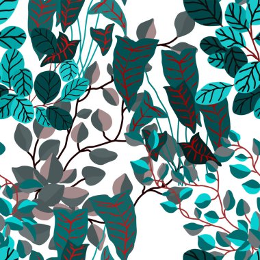 Çizgi film ormanı ile yaratıcı kusursuz desen. Tropikal yapraklı parlak yaz baskısı. Tropikal desen. Orman egzotik yaz baskısı. 