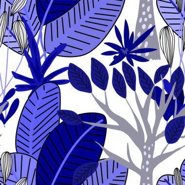 Çizgi film ormanı ile yaratıcı kusursuz desen. Tropikal yapraklı parlak yaz baskısı. Tropikal desen. Orman egzotik yaz baskısı. 