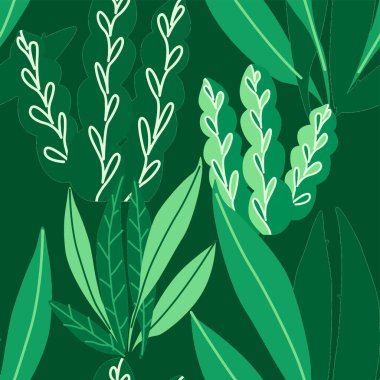 Çizgi film ormanı ile yaratıcı kusursuz desen. Tropikal yapraklı parlak yaz baskısı. Tropikal desen. Orman egzotik yaz baskısı. 