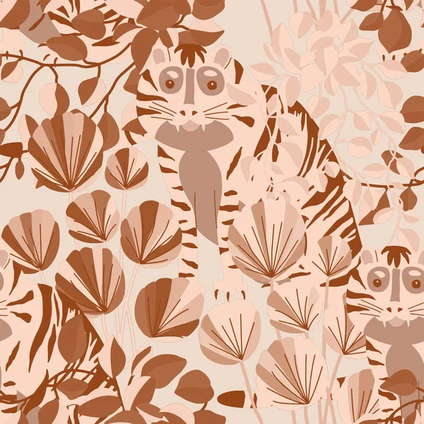 Творчий Безшовний Візерунок Тигром Тропічному Лісі Яскравий Літній Друк Будь — стоковий вектор