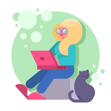 Güzel iş kadını oturma sırasında dizüstü bilgisayar kullanarak. Ofis işyeri iç. Düz vektör çizim.