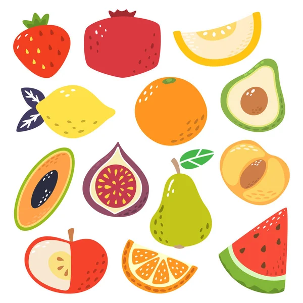 Cores brilhantes bonitos de coleções de vetor de frutas. Conjunto de frutas um morango, romã, melão, limão, laranja, abacate, figo, pêra, pêssego, maçã, limão — Vetor de Stock