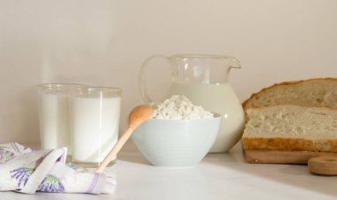 Kırsal süt ürünleriyle kahvaltı. Sağlıklı gıda kavramı.