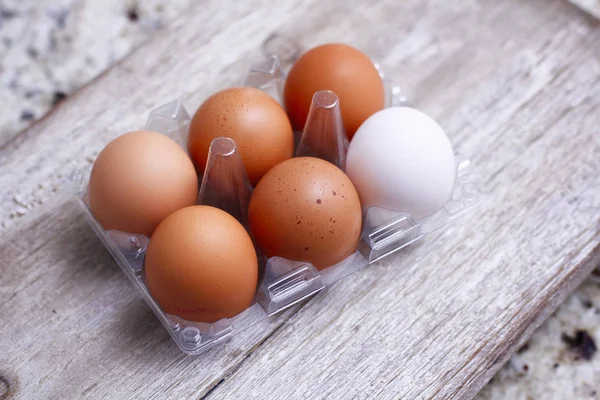 Six eggs plastic packing on wooden table. One different color of egg. Five brown and one white.