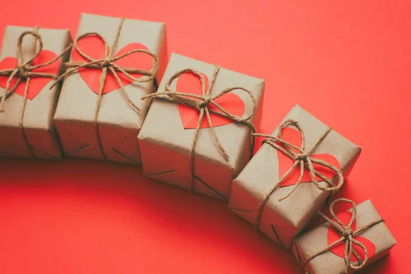 Set Van Bruin Geschenkdozen Verpakt Ambachtelijke Papier Gebonden Door Hennep — Stockfoto