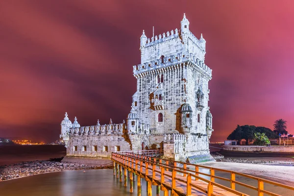 Lisbon - January 2019, Portugal: Belem Tower (Torre de Belem) at night,  one of the main landmarks of the city — Stock Photo, Image