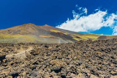 Arka planda mavi gökyüzü ile Etna Dağı'nın manzara görünümü. Volkanik taşlarla çiçek açan lav tepeleri ve tarlası. Sicilya, İtalya