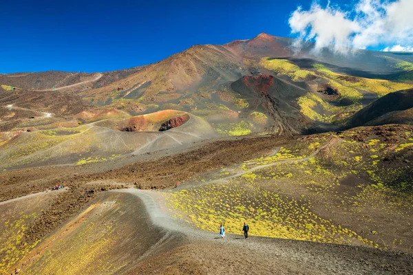 Etna Dağı'nın güzel vadi manzarası, Sicilya, İtalya. Renkli lav tepeleri bitkiler ve otlarla kaplı. Volkanik kayalar ve kraterler arasında yol boyunca yürüyen insanlar