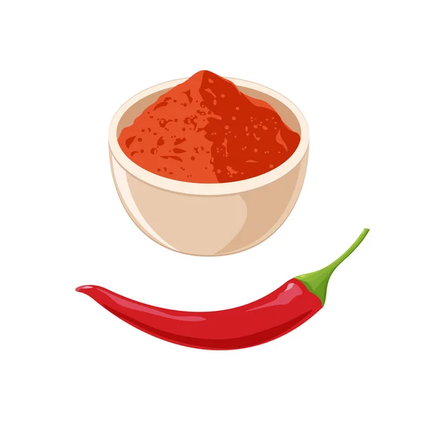 Pimenta e tigela de pimenta vermelha com pó —  Vetores de Stock